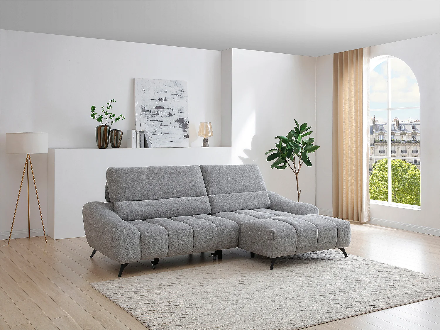 Canapé d'angle droit relax avec assise coulissante en tissu gris ELOSIA