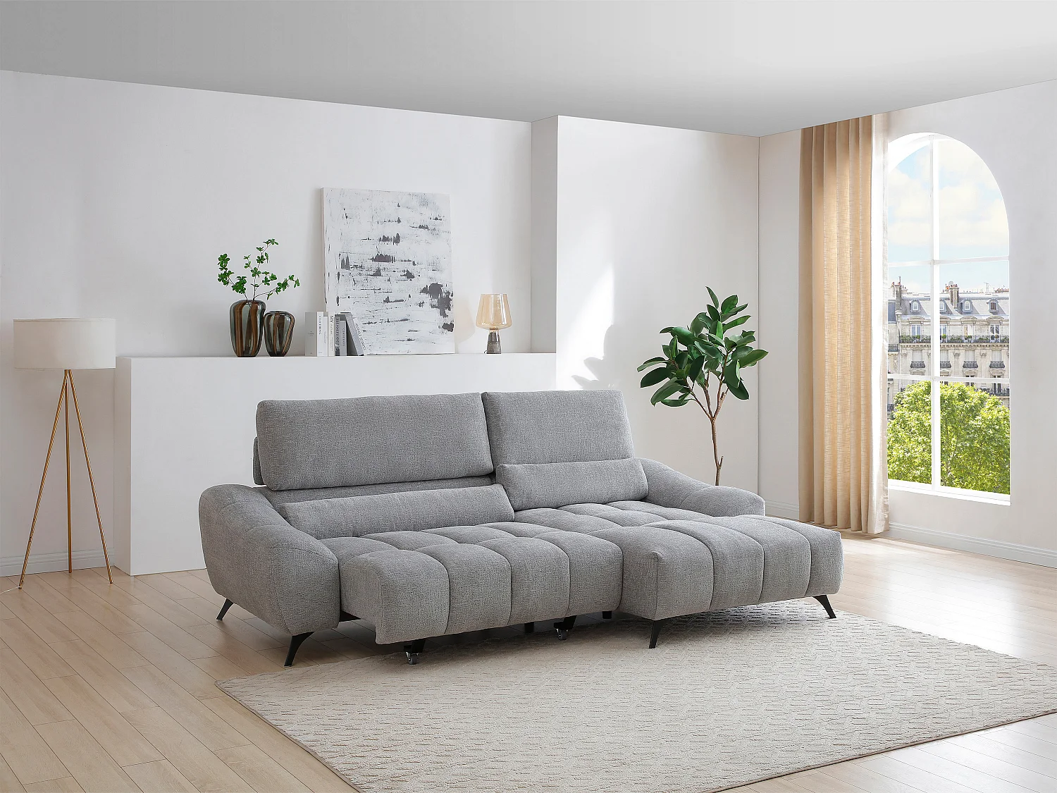 Canapé d'angle droit relax avec assise coulissante en tissu gris ELOSIA