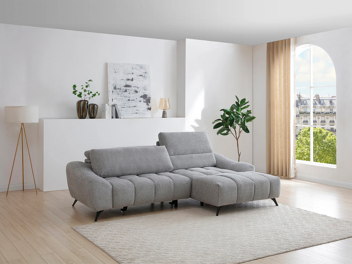 Canapé d'angle droit relax avec assise coulissante en tissu gris ELOSIA