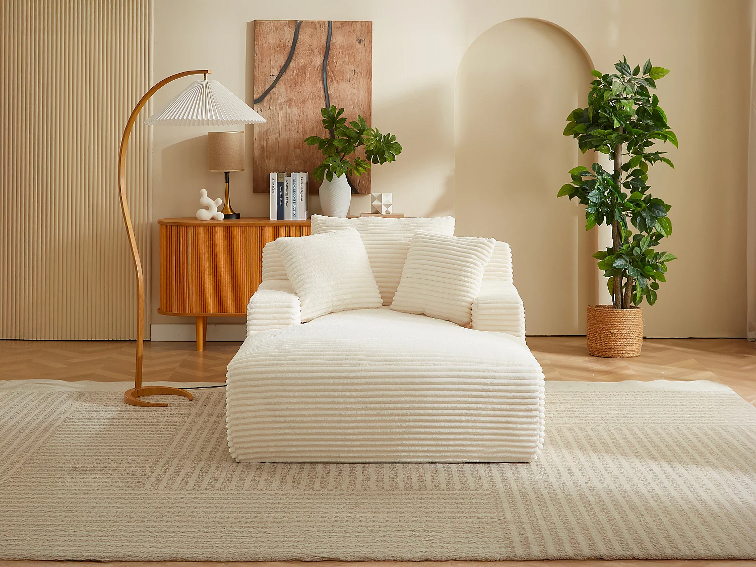 Méridienne en velours côtelé grosses côtes beige DONILIA