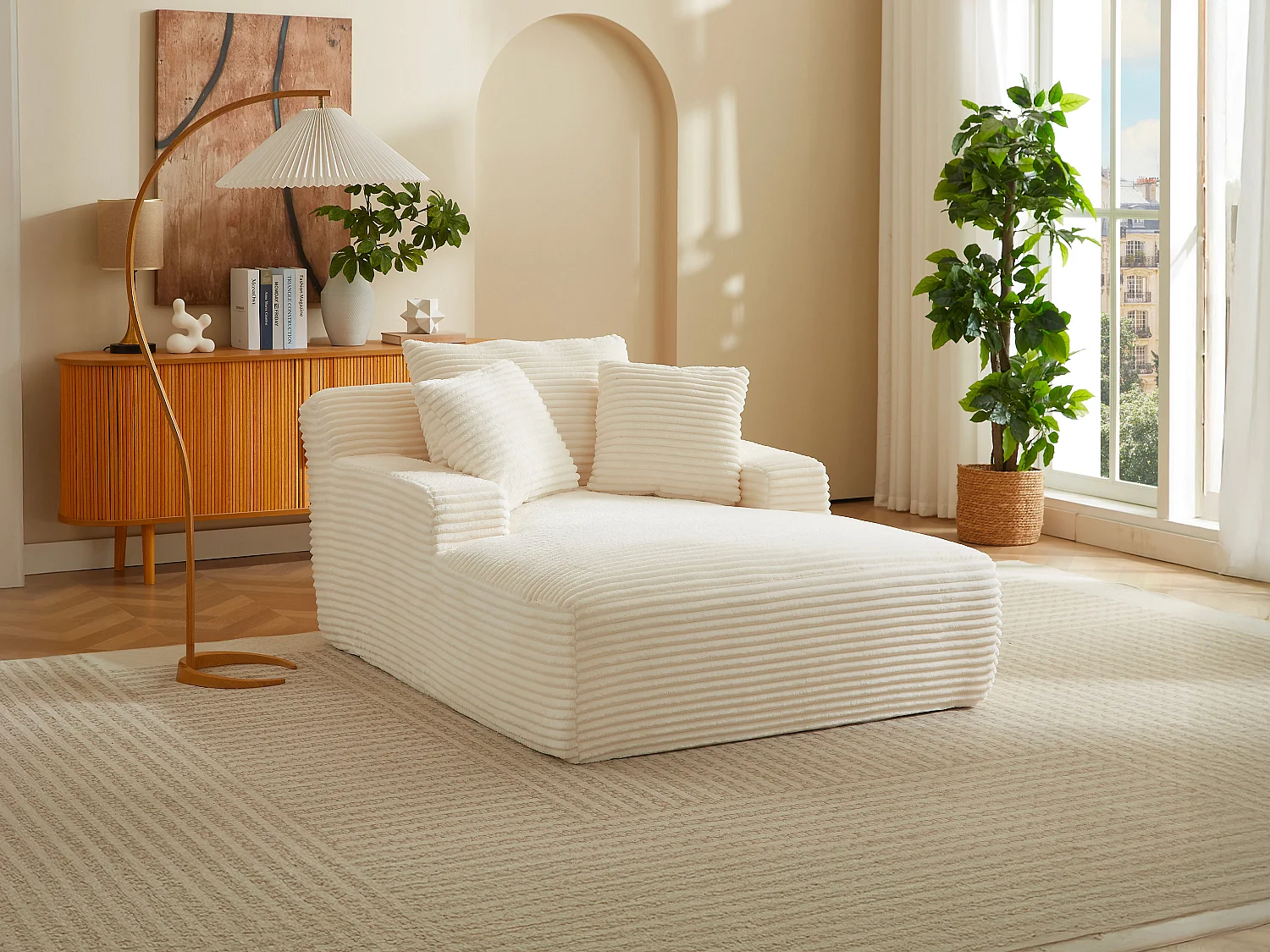 Méridienne en velours côtelé grosses côtes beige DONILIA