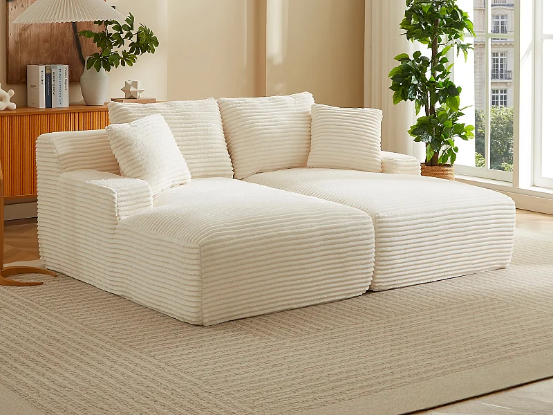 Canapé 3 places confort assise profonde en velours côtelé grosses côtes beige DONILIA