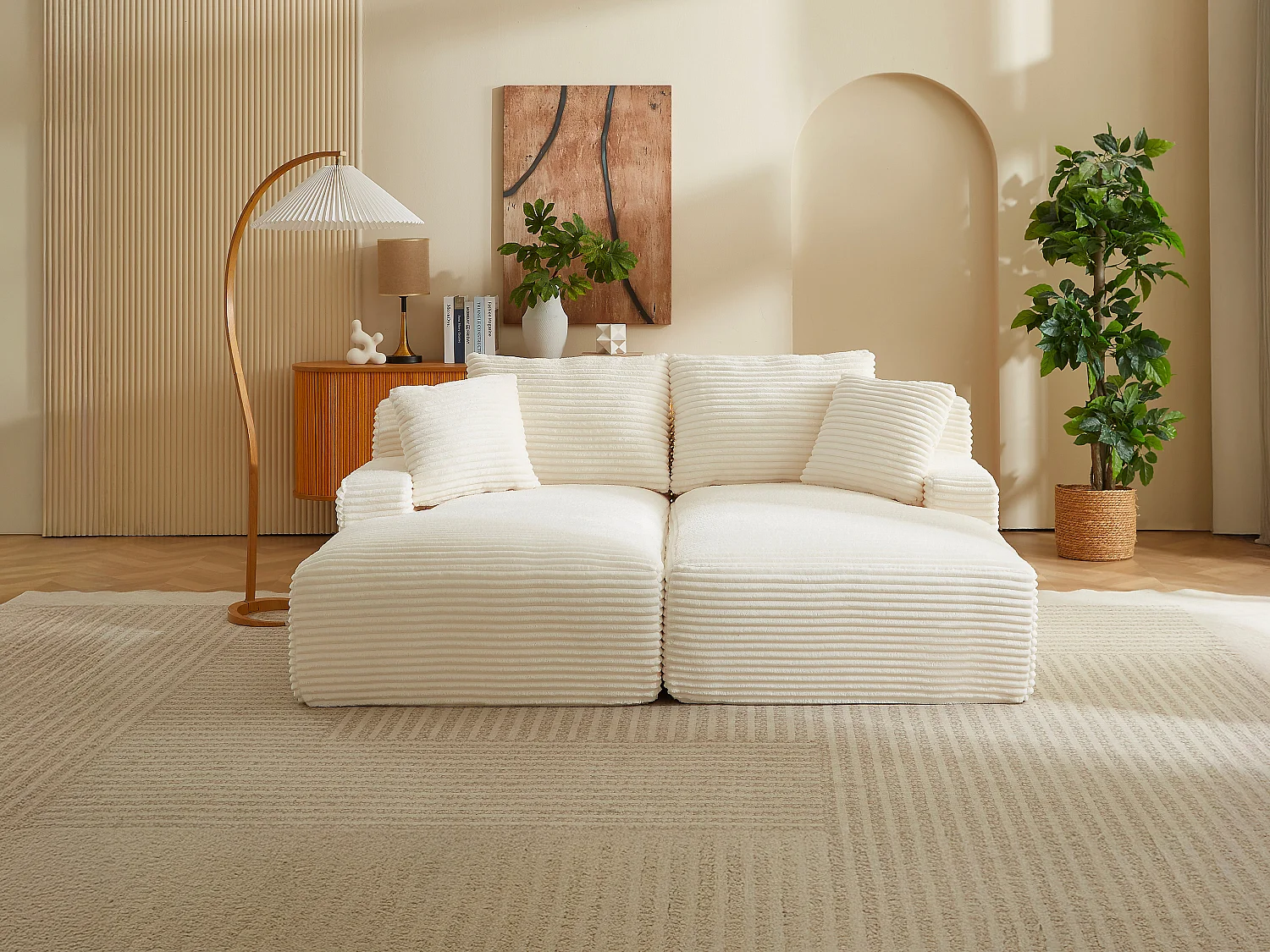 Sofa 3-Sitzer tiefe Polsterung - Cord grobe Rippen Beige - DONILIA