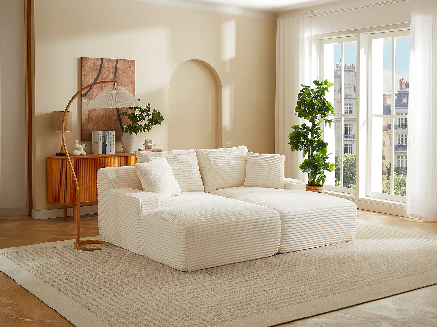 Sofa 3-Sitzer tiefe Polsterung - Cord grobe Rippen Beige - DONILIA günstig online kaufen