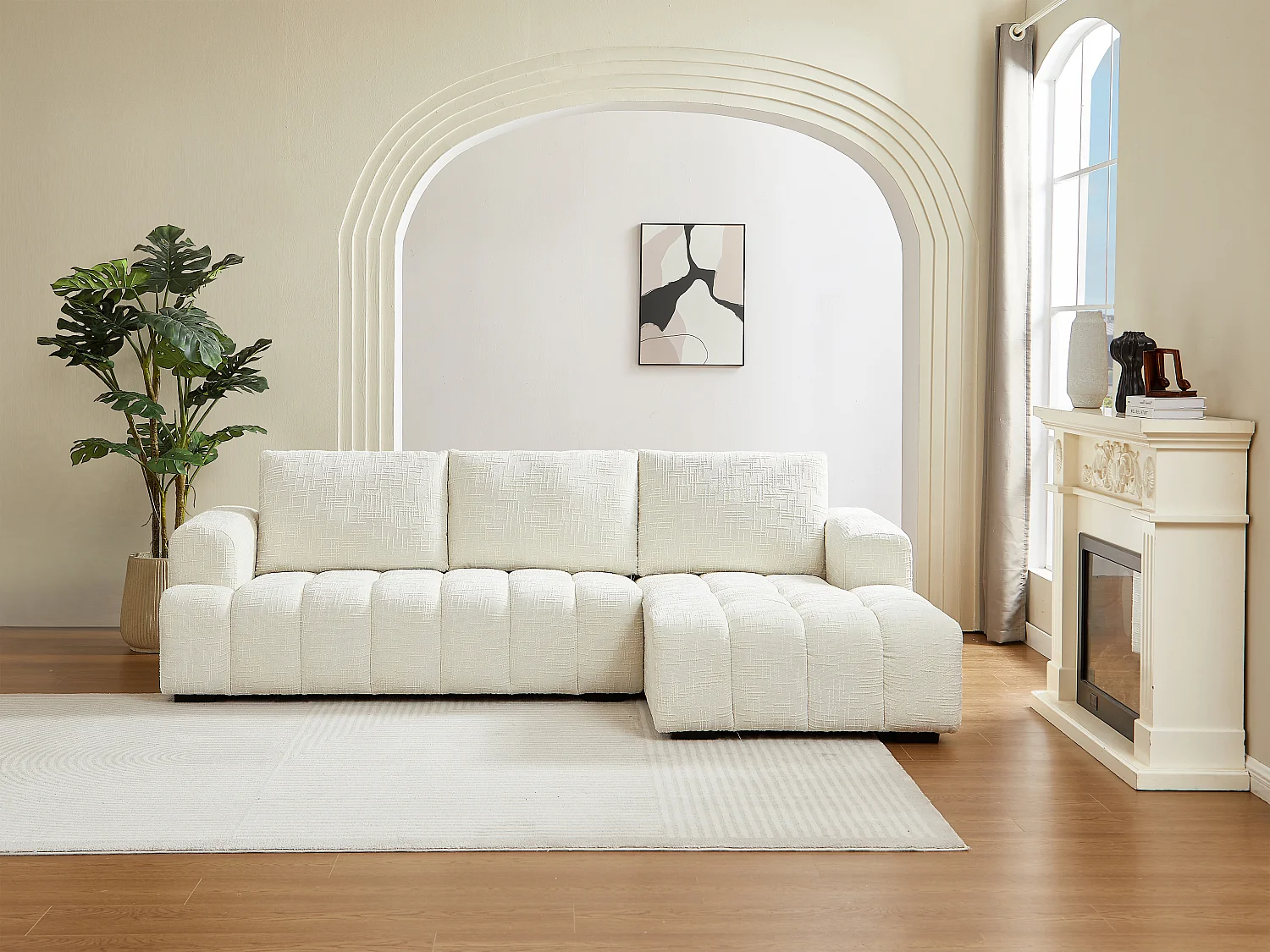 Canapé d'angle droit en tissu texturé beige BENOLA