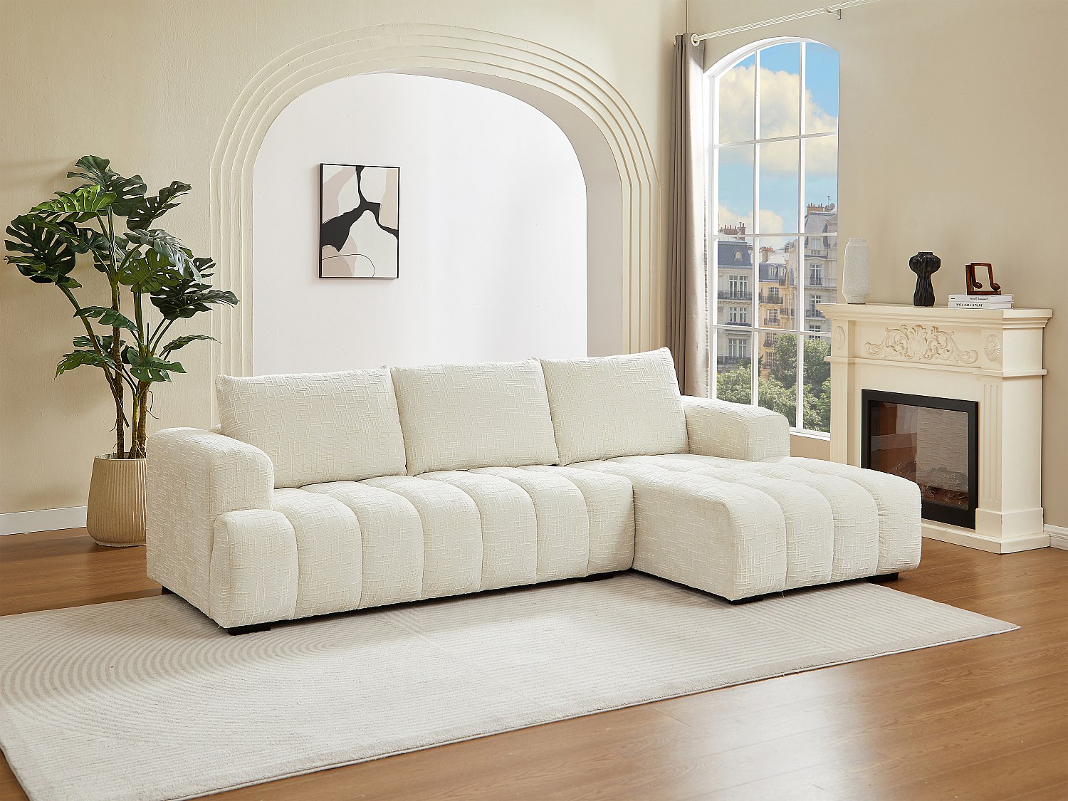 Vente-unique Ecksofa - Ecke Rechts - Strukturstoff - Beige - Benola