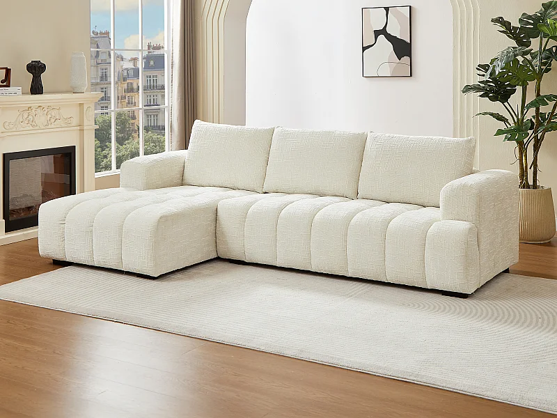 Divano angolare sinistro in tessuto beige testurizzato BENOLA