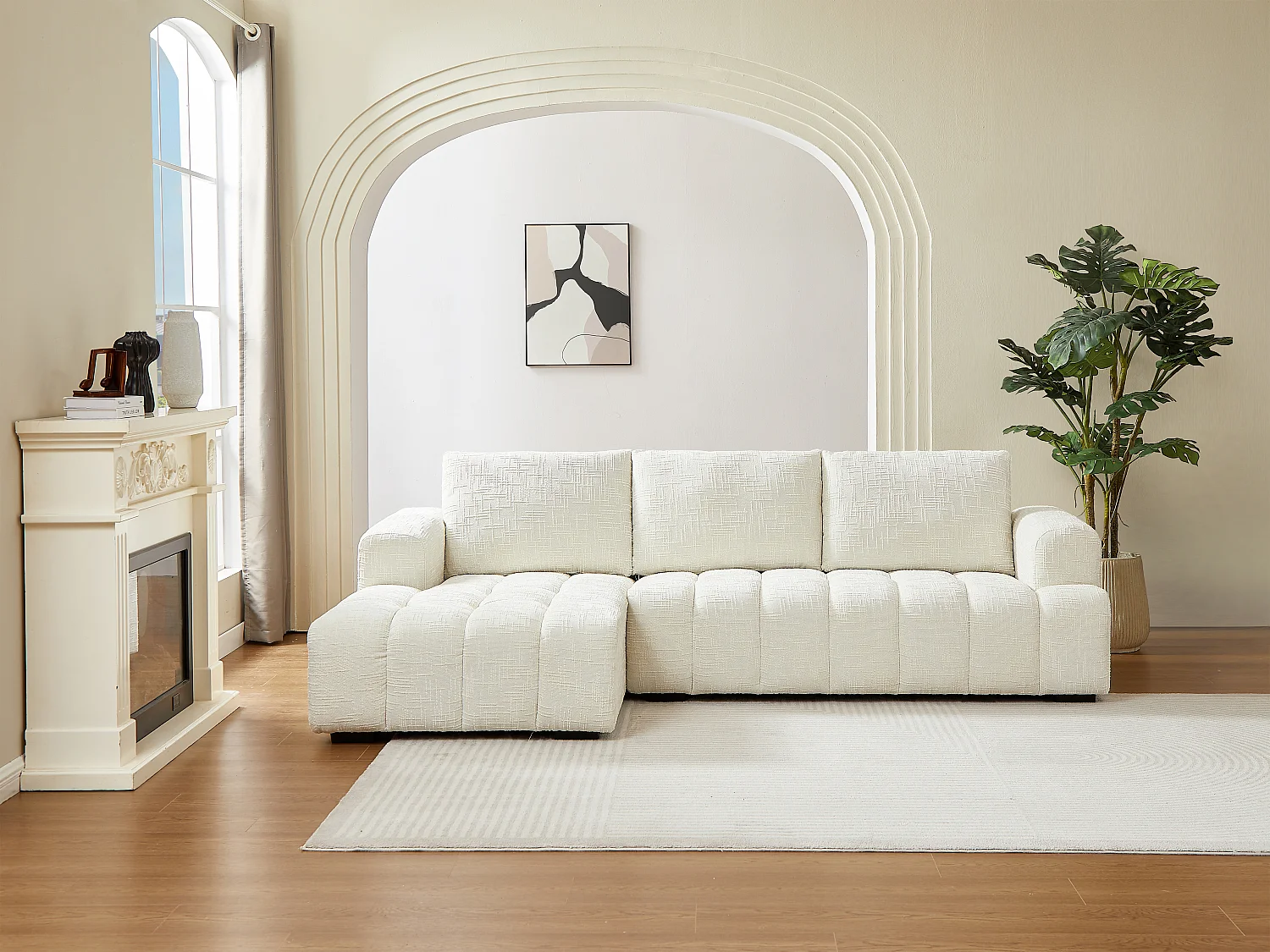 Canapé d'angle gauche en tissu texturé beige BENOLA