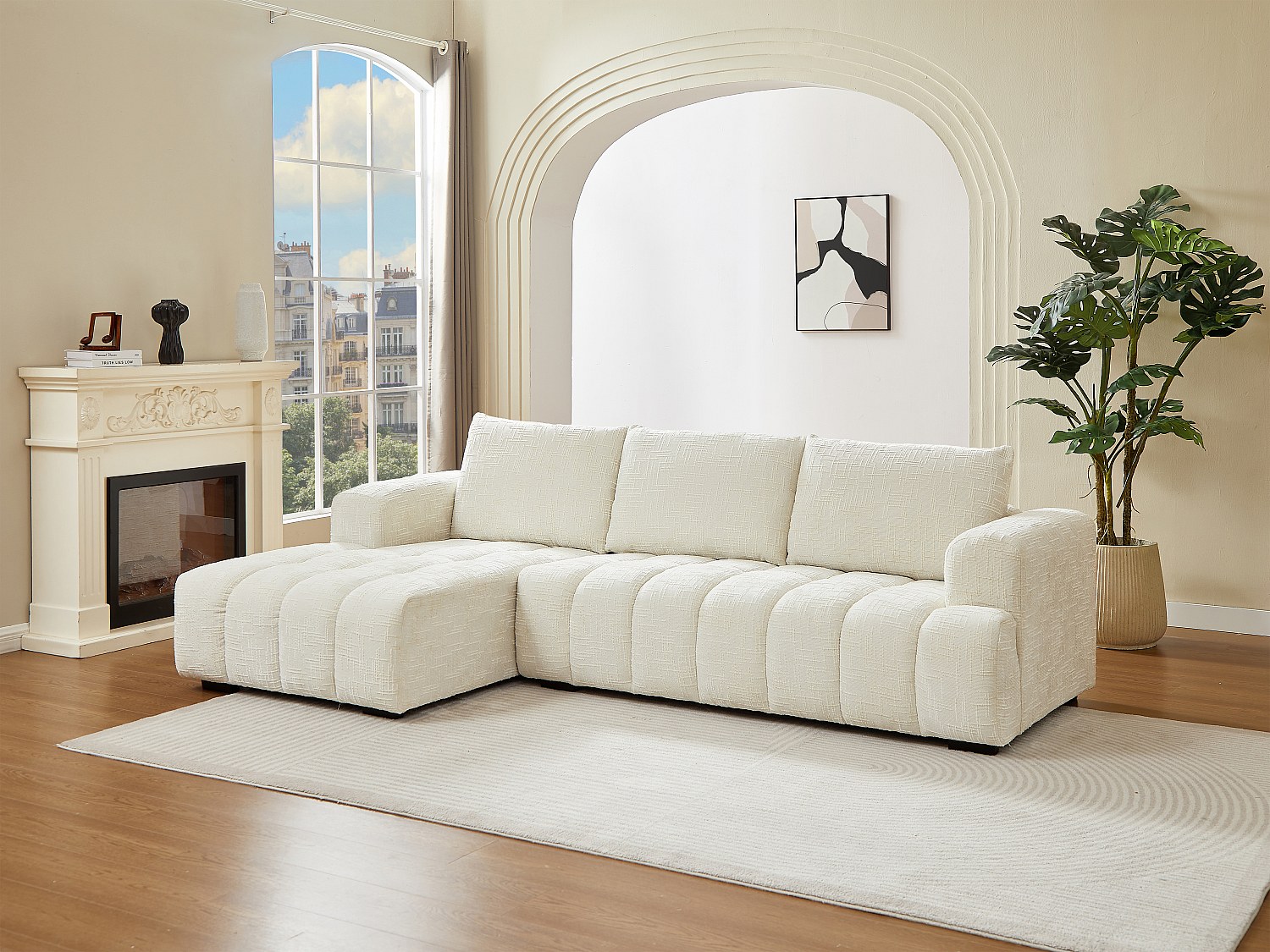 Vente-unique Ecksofa - Ecke Links - Strukturstoff - Beige - Benola