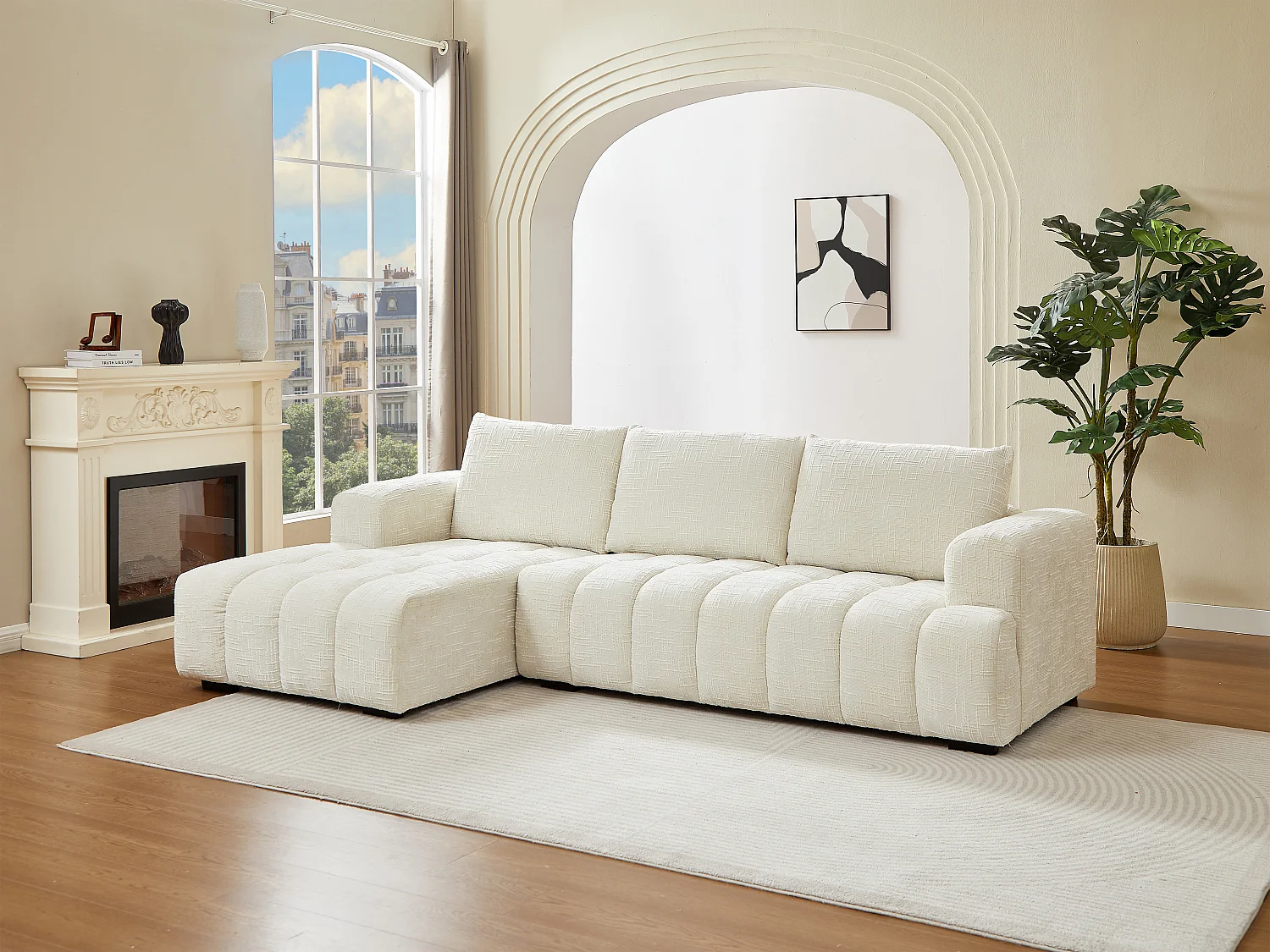 Canapé d'angle gauche en tissu texturé beige BENOLA