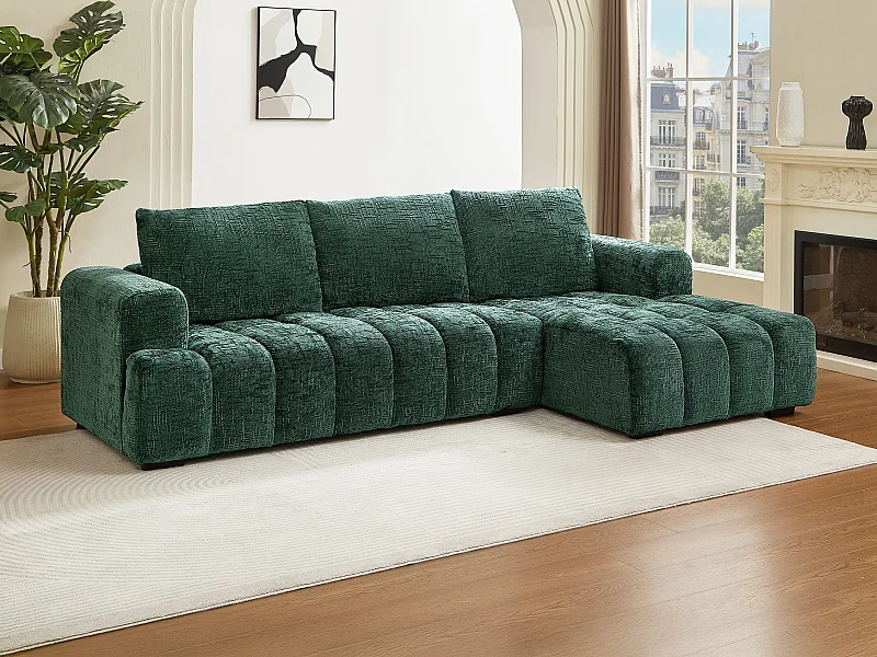 Canapé d'angle droit en tissu texturé vert BENOLA