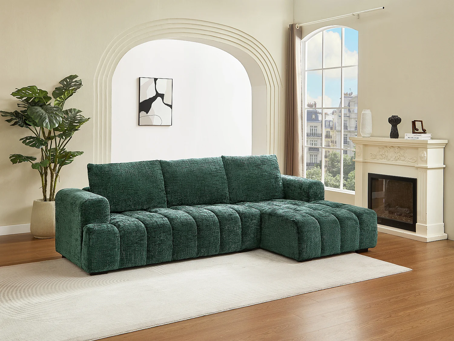 Canapé d'angle droit en tissu texturé vert BENOLA