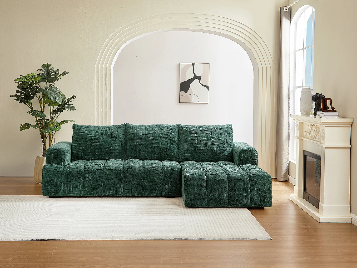 Canapé d'angle droit en tissu texturé vert BENOLA