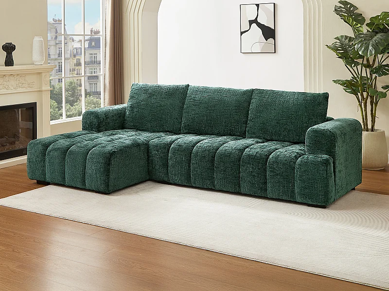 Sofá de canto esquerdo em tecido texturizado verde BENOLA