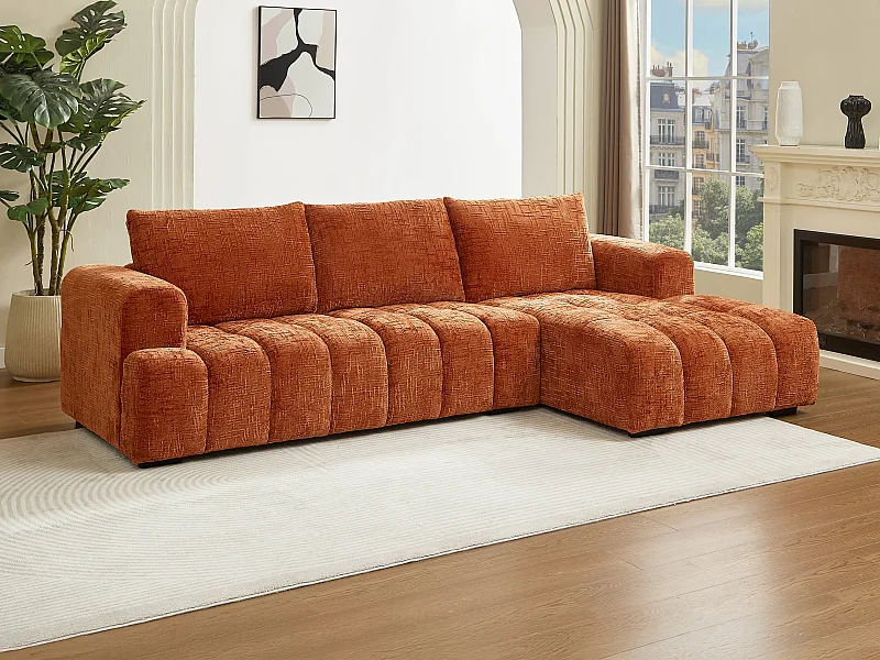 Canapé d'angle droit en tissu texturé terracotta BENOLA