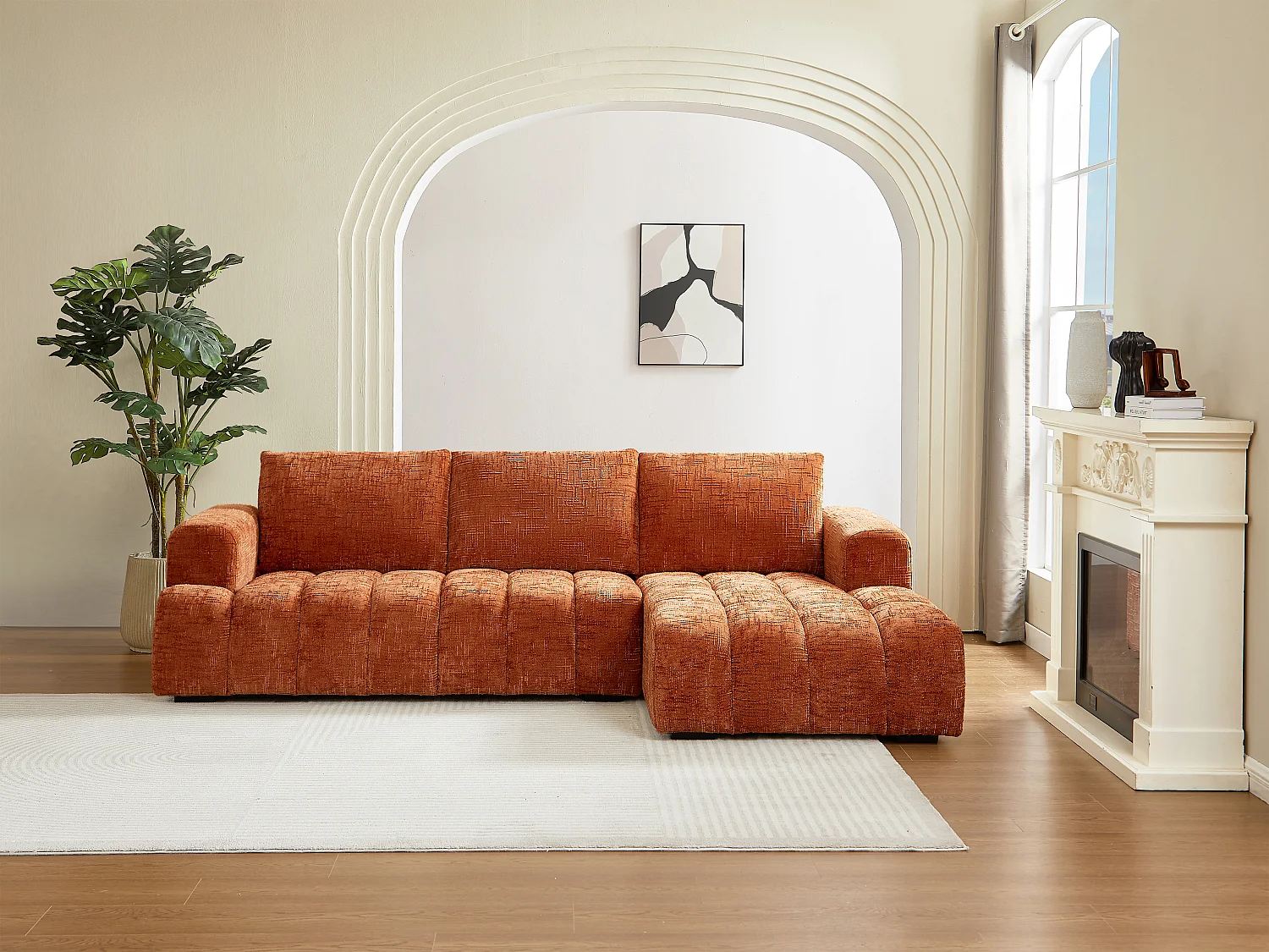 Canapé d'angle droit en tissu texturé terracotta BENOLA