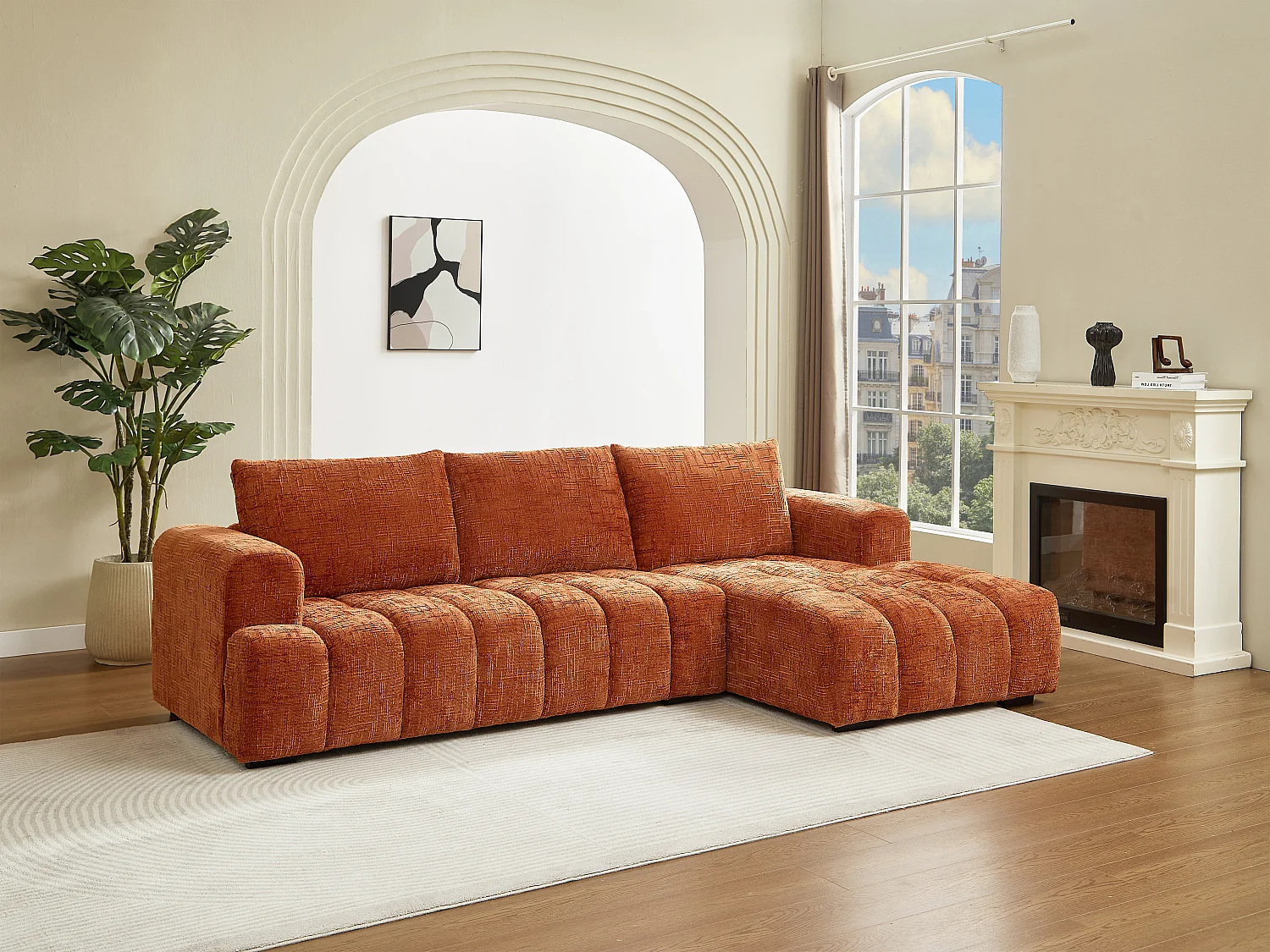 Canapé d'angle droit en tissu texturé terracotta BENOLA