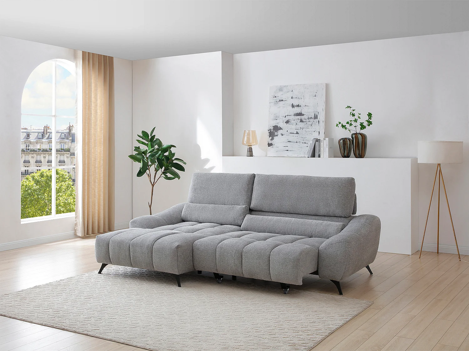 Canapé d'angle gauche relax avec assise coulissante en tissu gris ELOSIA