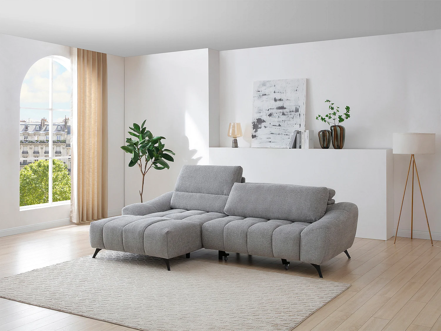 Canapé d'angle gauche relax avec assise coulissante en tissu gris ELOSIA