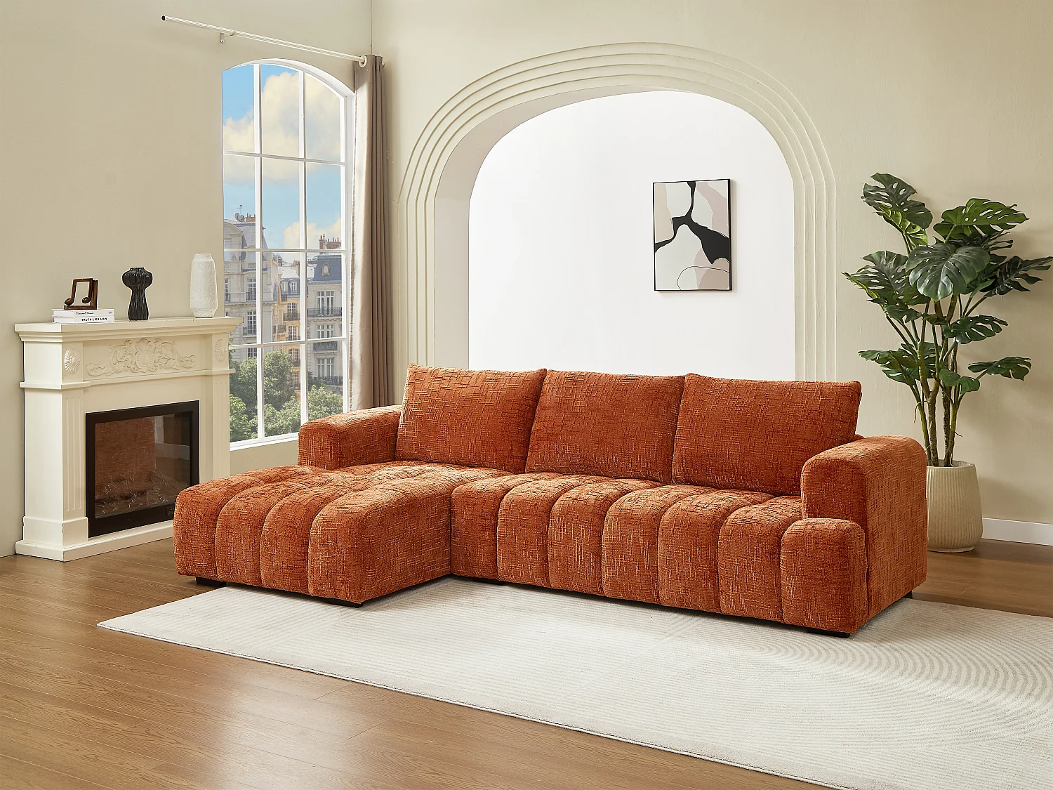 Canapé d'angle gauche en tissu texturé terracotta BENOLA