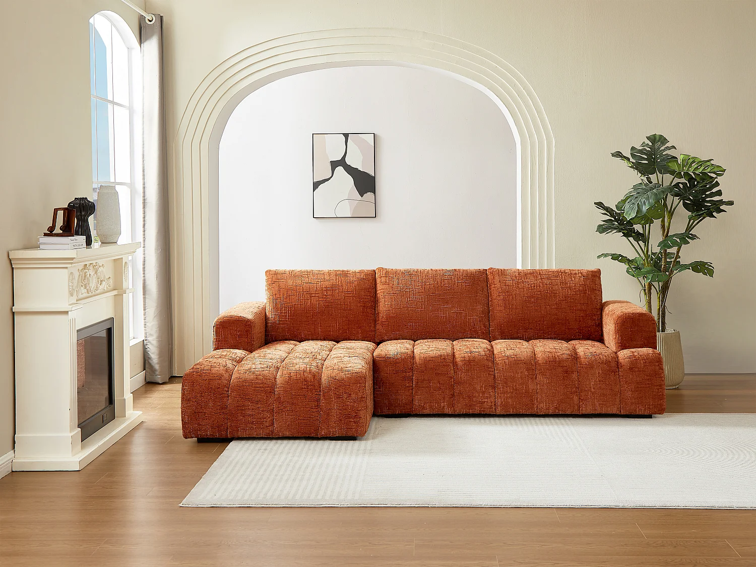 Canapé d'angle gauche en tissu texturé terracotta BENOLA