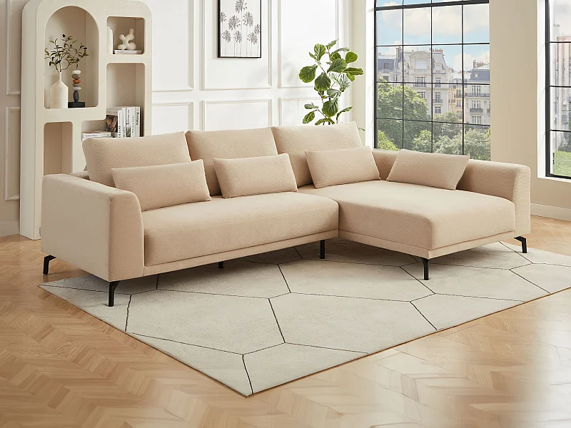 Canapé d'angle droit en tissu texturé beige TILANIA