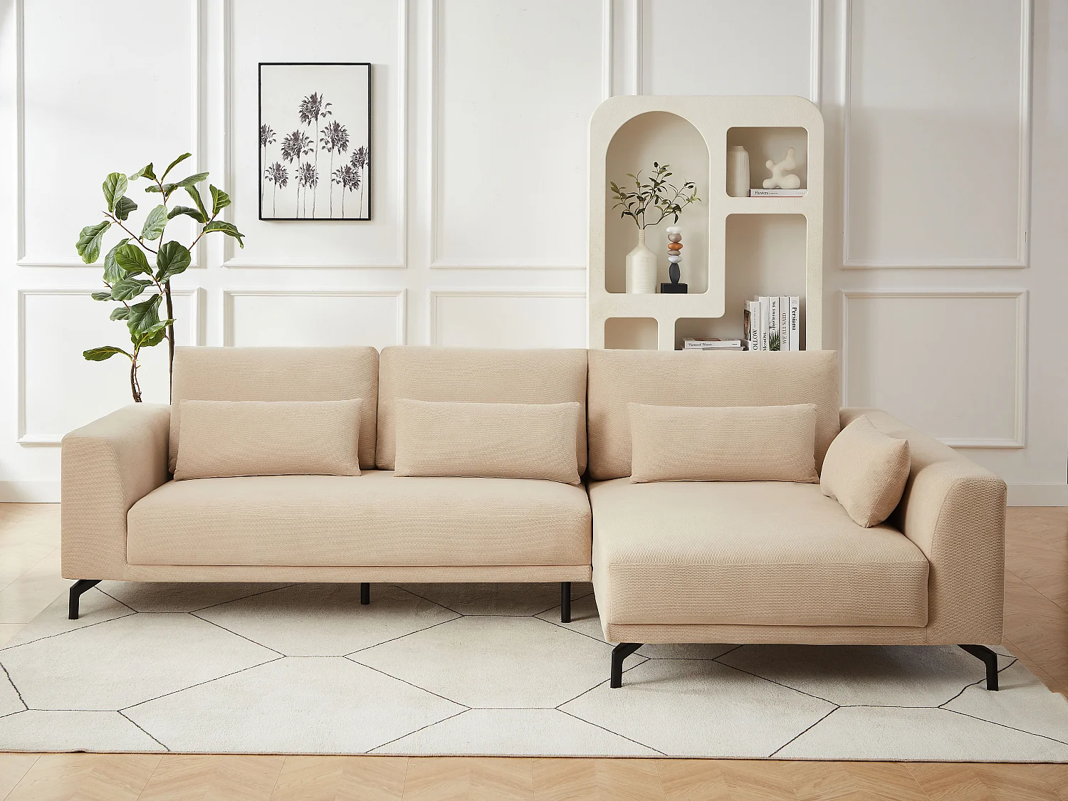 Canapé d'angle droit en tissu texturé beige TILANIA