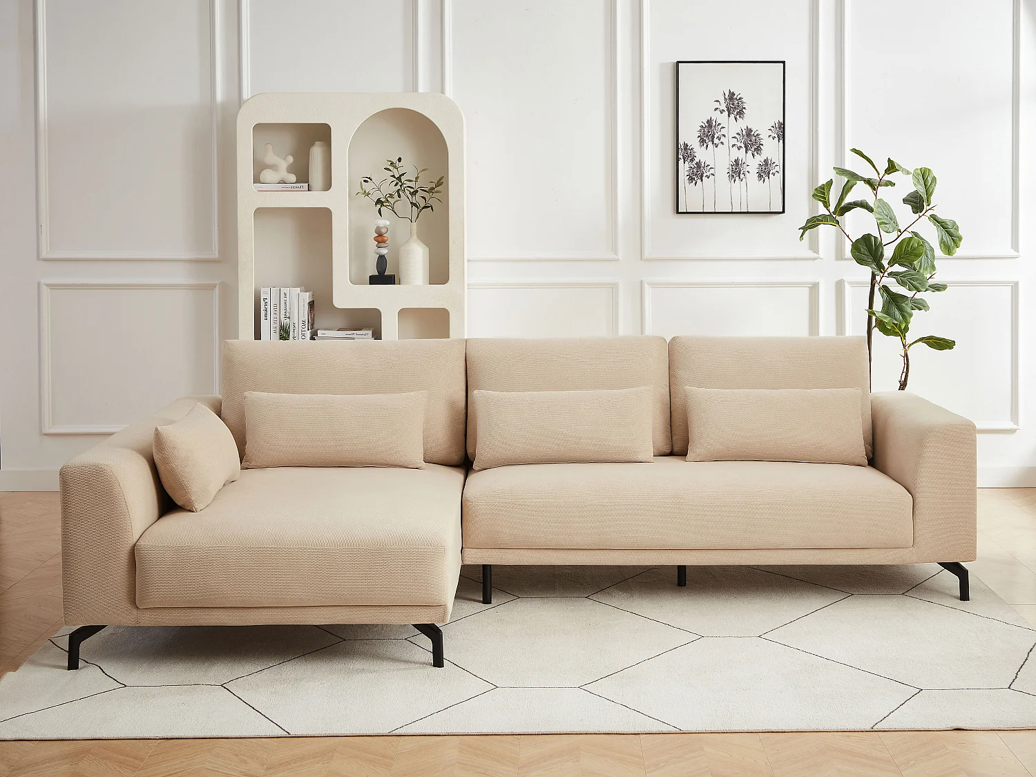 Canapé d'angle gauche en tissu texturé beige TILANIA