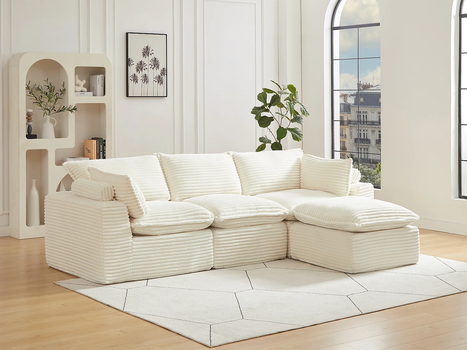 Canapé d'angle modulable avec pouf en velours côtelé grosses côtes beige CYROMA