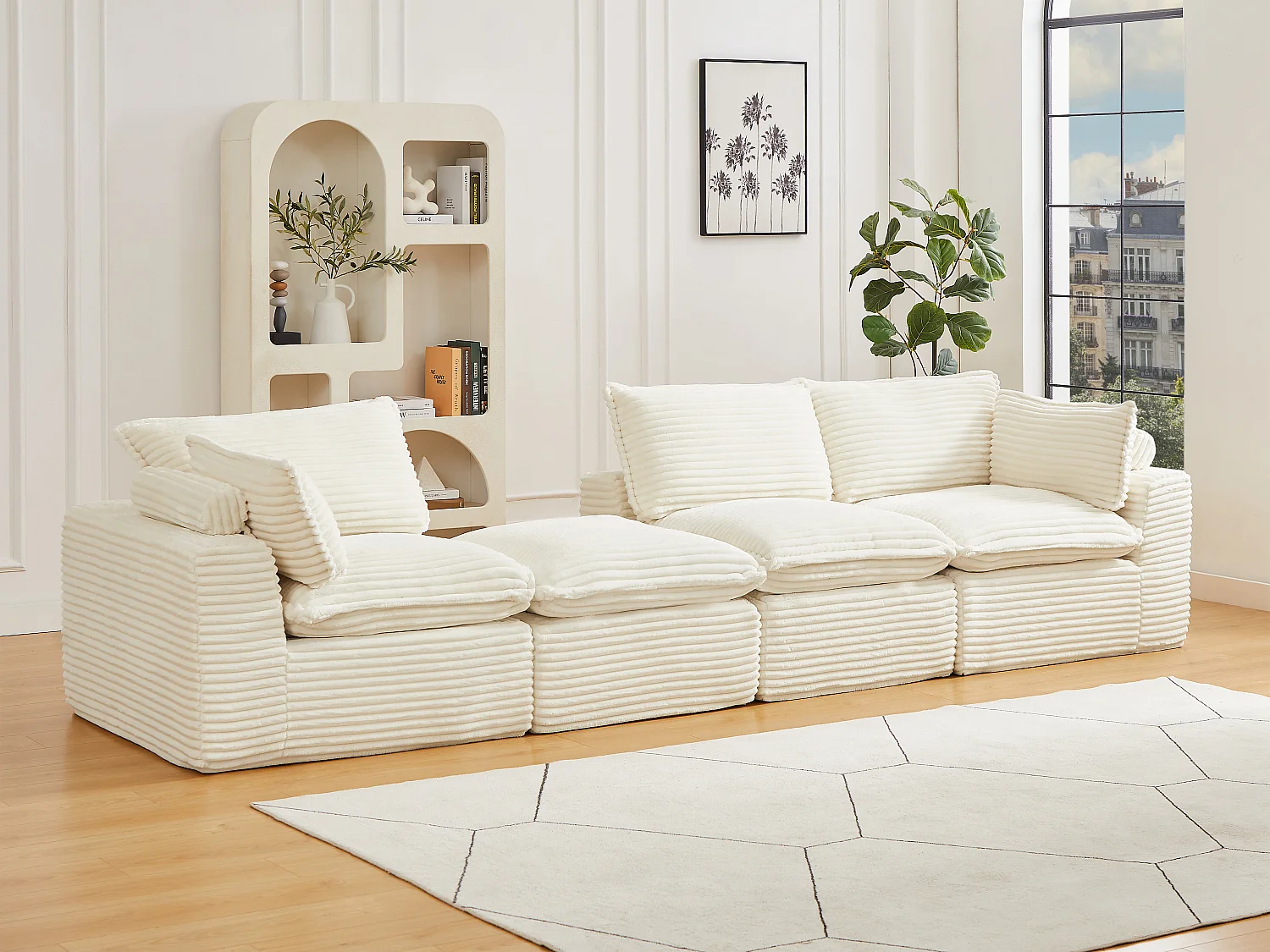 Canapé d'angle modulable avec pouf en velours côtelé grosses côtes beige CYROMA