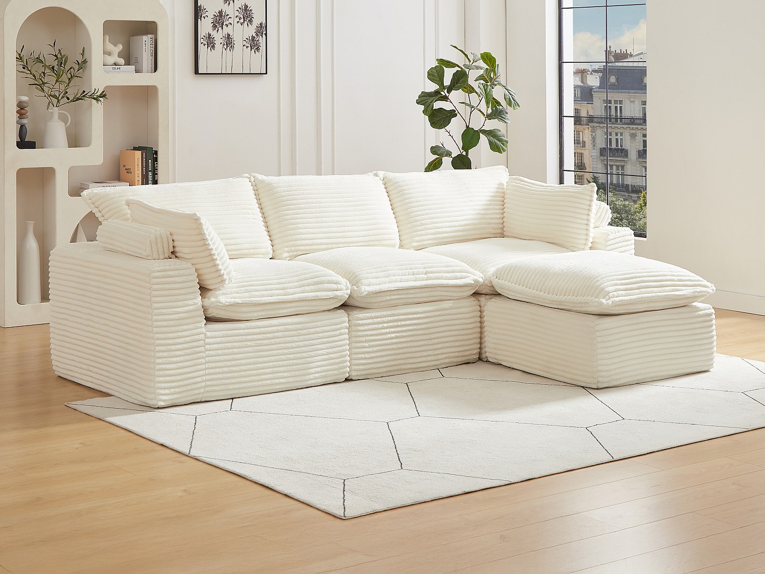 Modulær hjørnesofa med puff i beige kordfløyel med brede ribber CYROMA