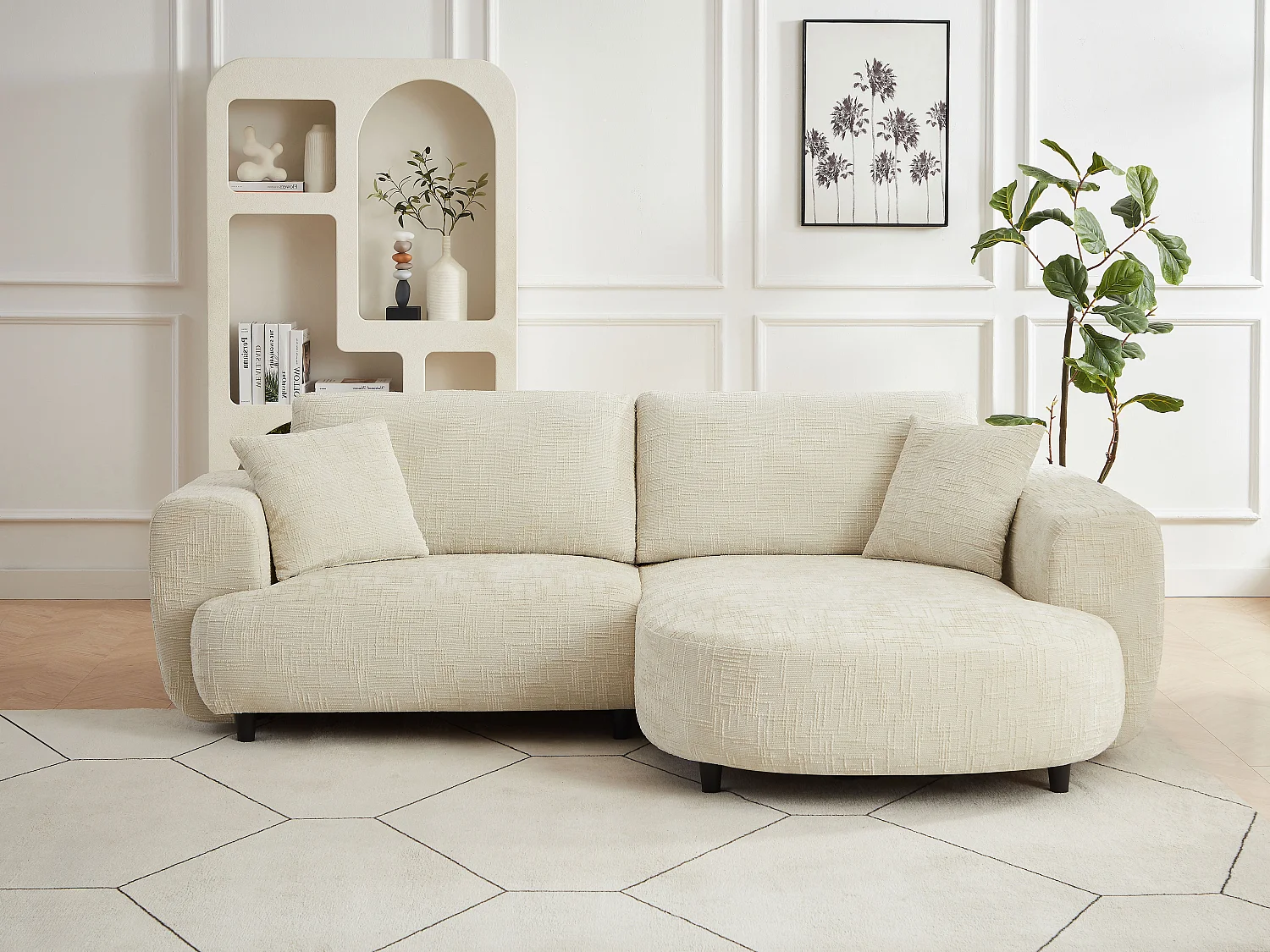 Canapé d'angle droit en tissu texturé beige RULAMA