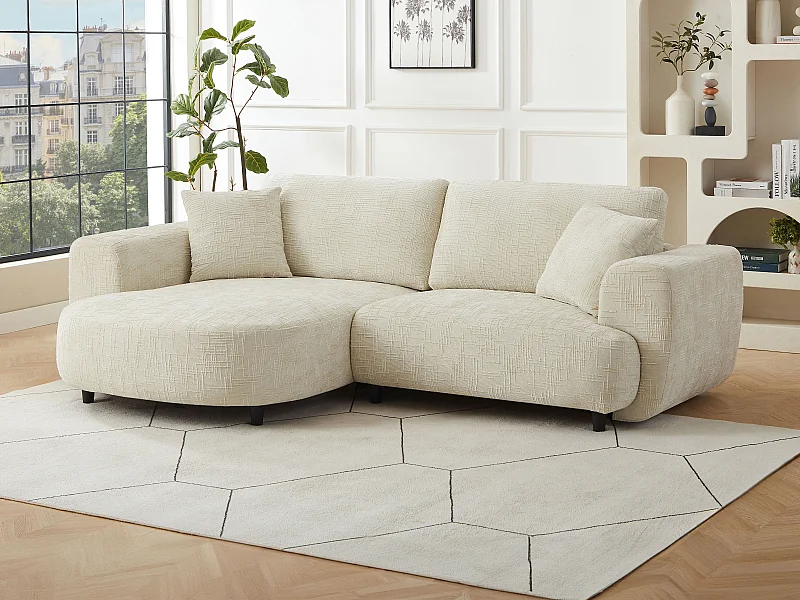 Canapé d'angle gauche en tissu texturé beige RULAMA