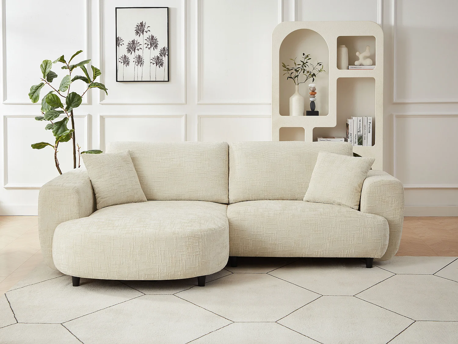 Canapé d'angle gauche en tissu texturé beige RULAMA