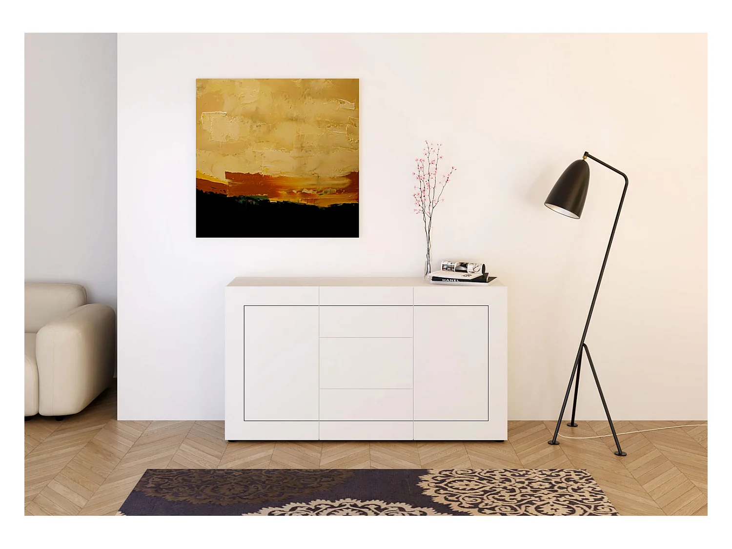 Buffet 2 portes/3 tiroirs 150x40x83,5 cm Elios blanc brillant
