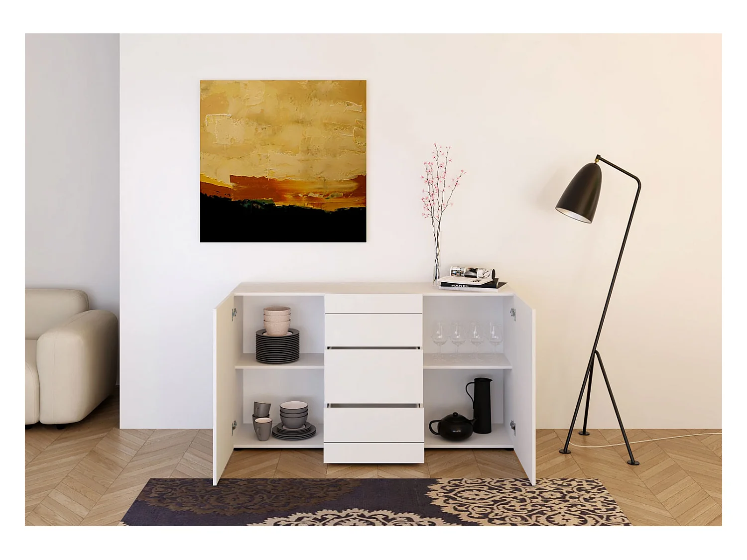 Buffet 2 portes/3 tiroirs 150x40x83,5 cm Elios blanc brillant