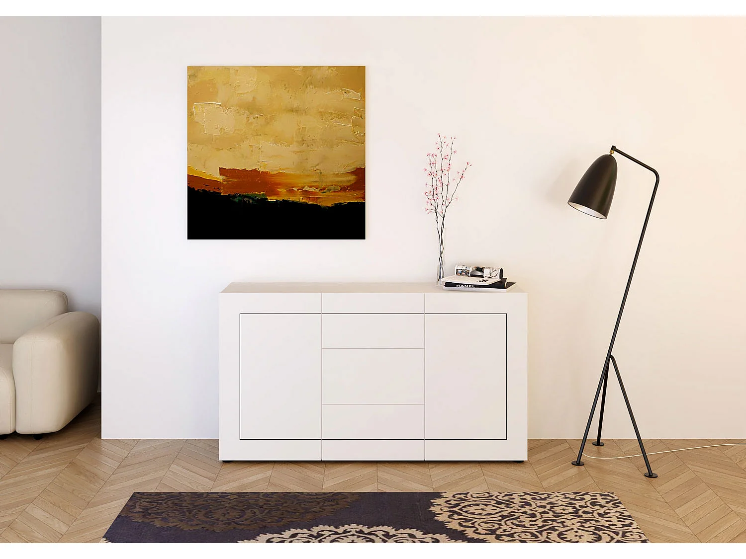 Buffet 2 portes/3 tiroirs 150x40x83,5 cm Elios blanc brillant