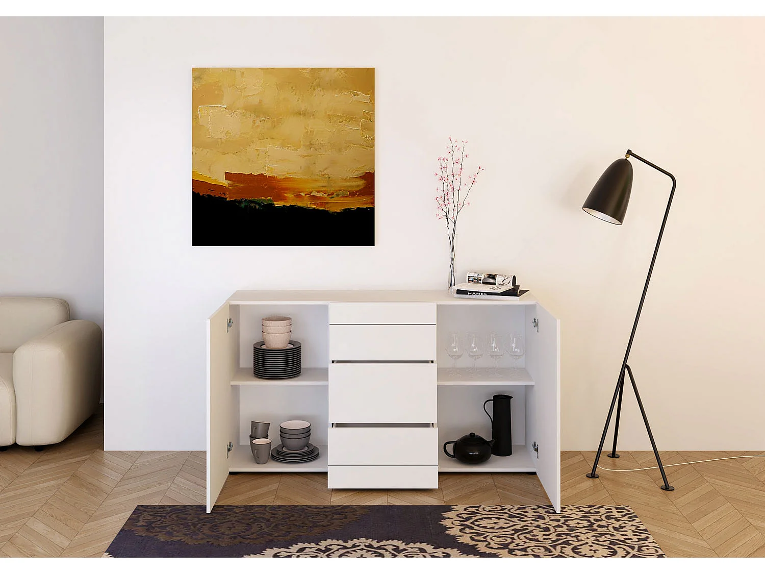 Buffet 2 portes/3 tiroirs 150x40x83,5 cm Elios blanc brillant