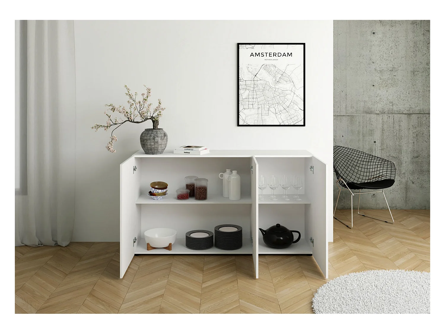 Buffet 3 portes 150x40x83,5 cm Elios blanc brillant