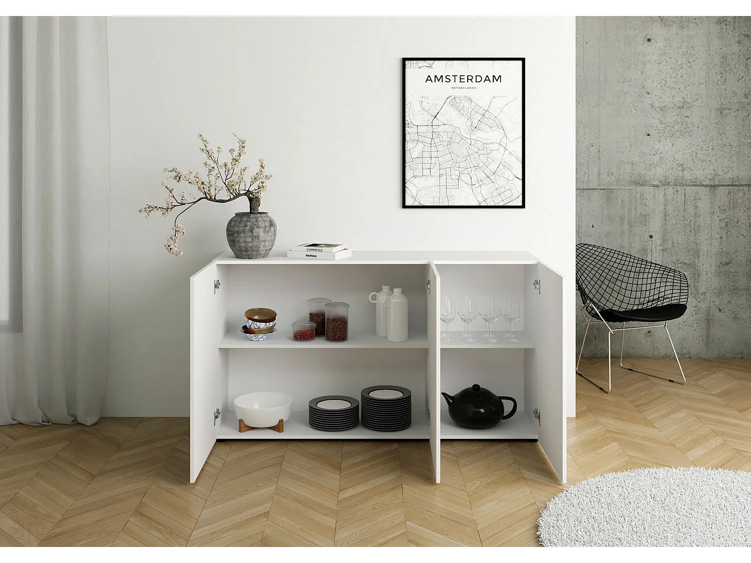 Buffet 3 portes 150x40x83,5 cm Elios blanc brillant