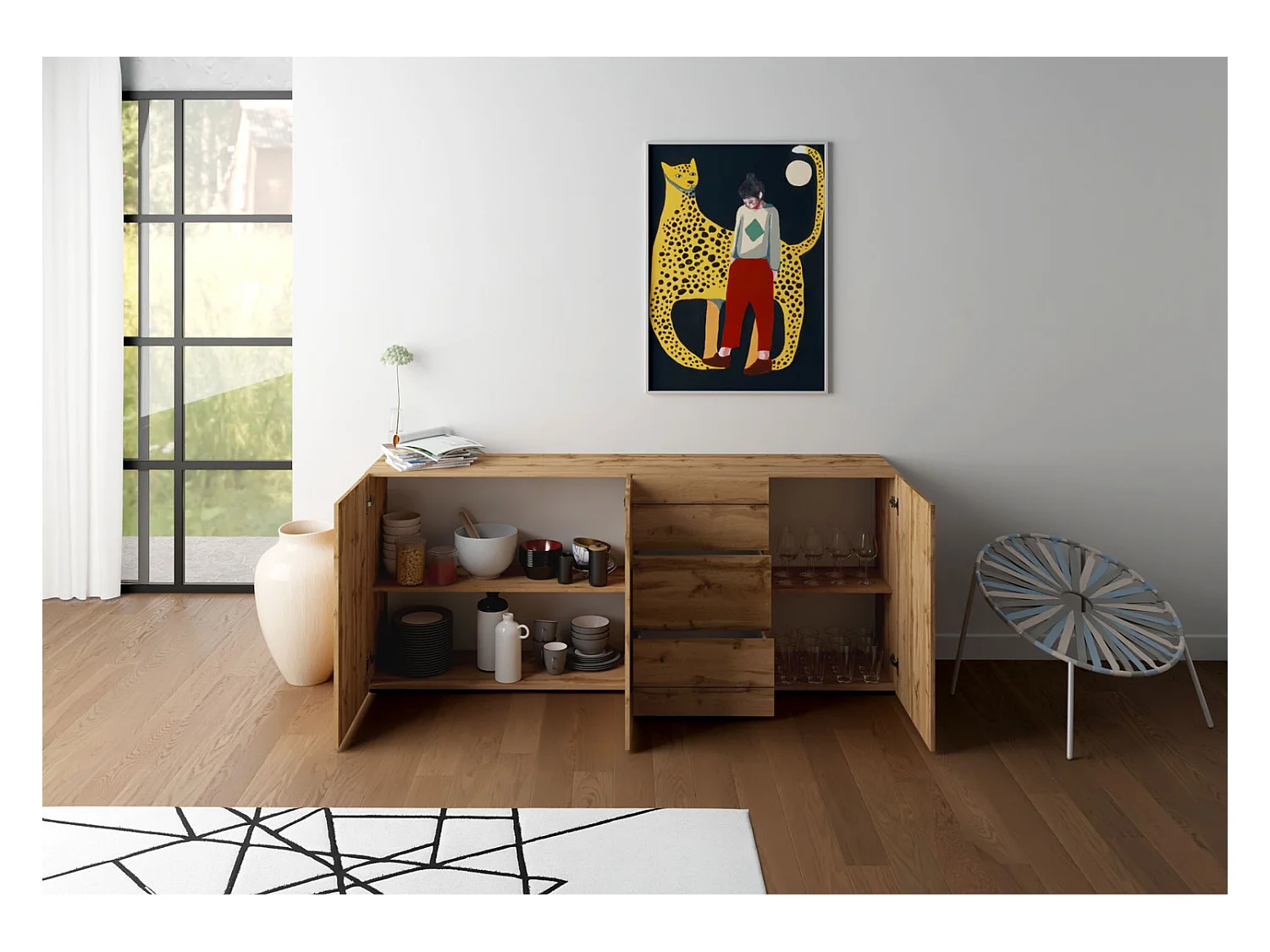 Buffet 3 portes/3 tiroirs 200x40x83,5 cm Elios chêne nature