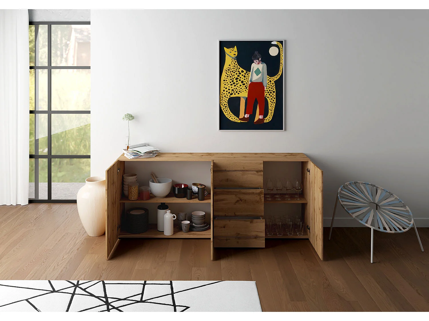 Buffet 3 portes/3 tiroirs 200x40x83,5 cm Elios chêne nature