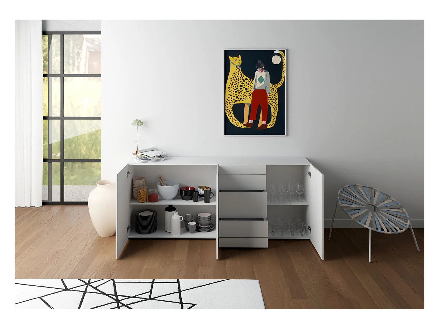 Buffet 3 portes/3 tiroirs 200x40x83,5 cm Elios blanc brillant