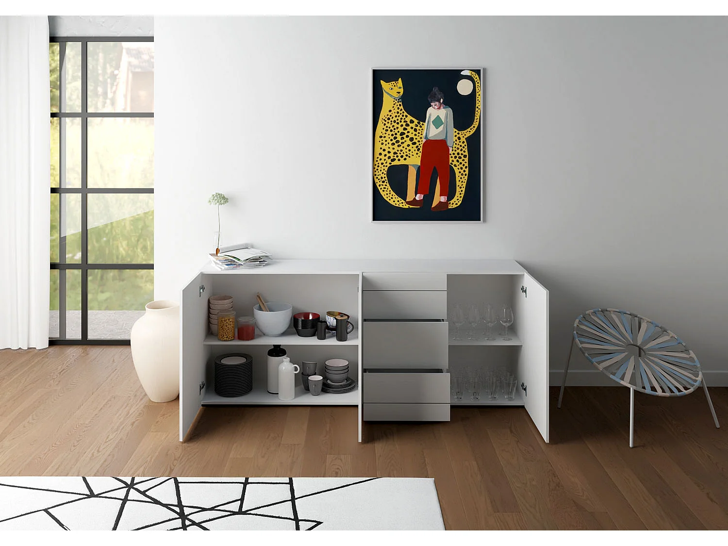 Buffet 3 portes/3 tiroirs 200x40x83,5 cm Elios blanc brillant