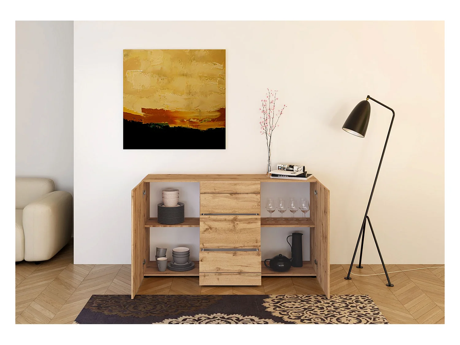 Buffet 2 portes/3 tiroirs 150x40x83,5 cm Elios chêne nature