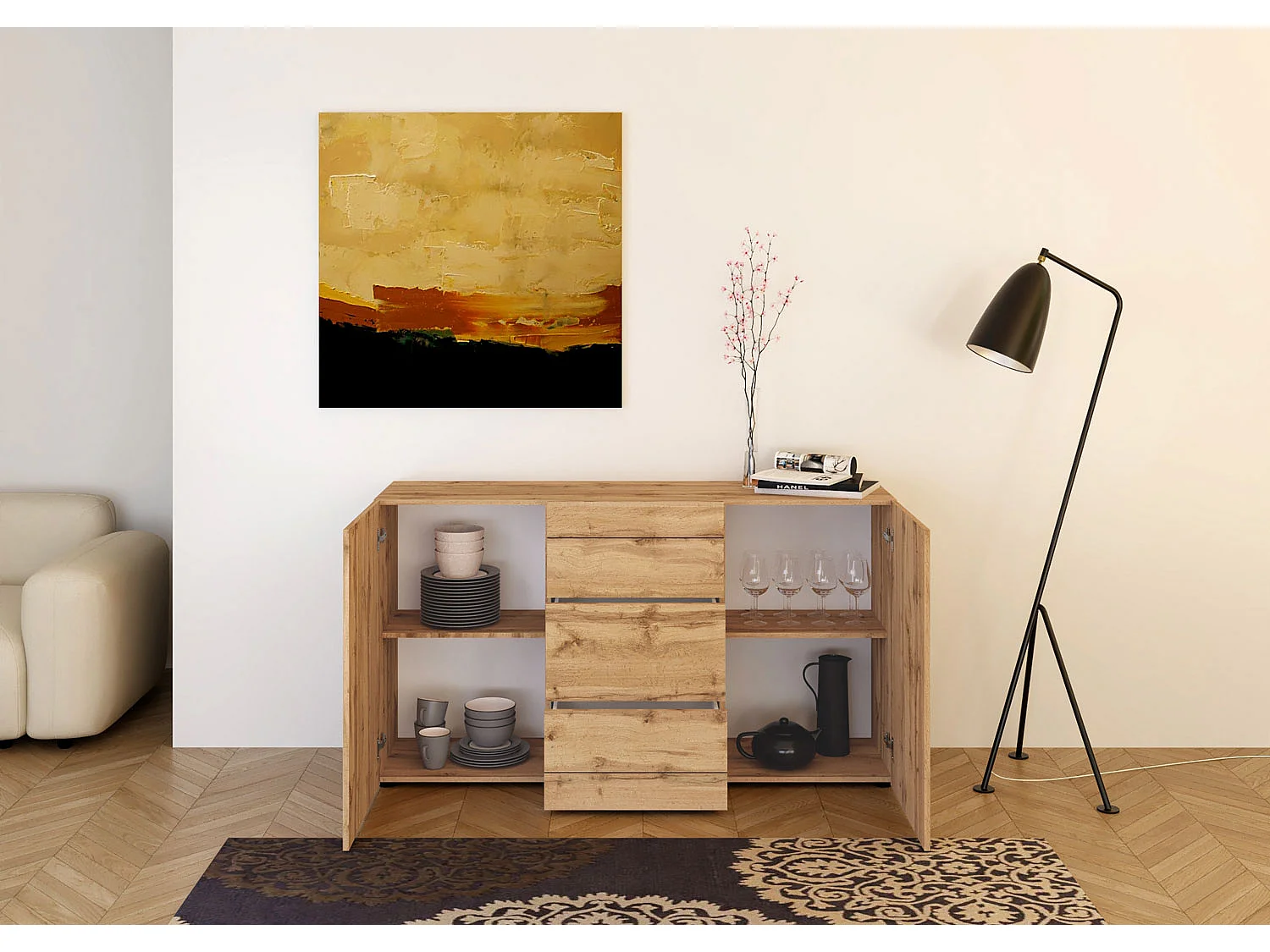 Buffet 2 portes/3 tiroirs 150x40x83,5 cm Elios chêne nature