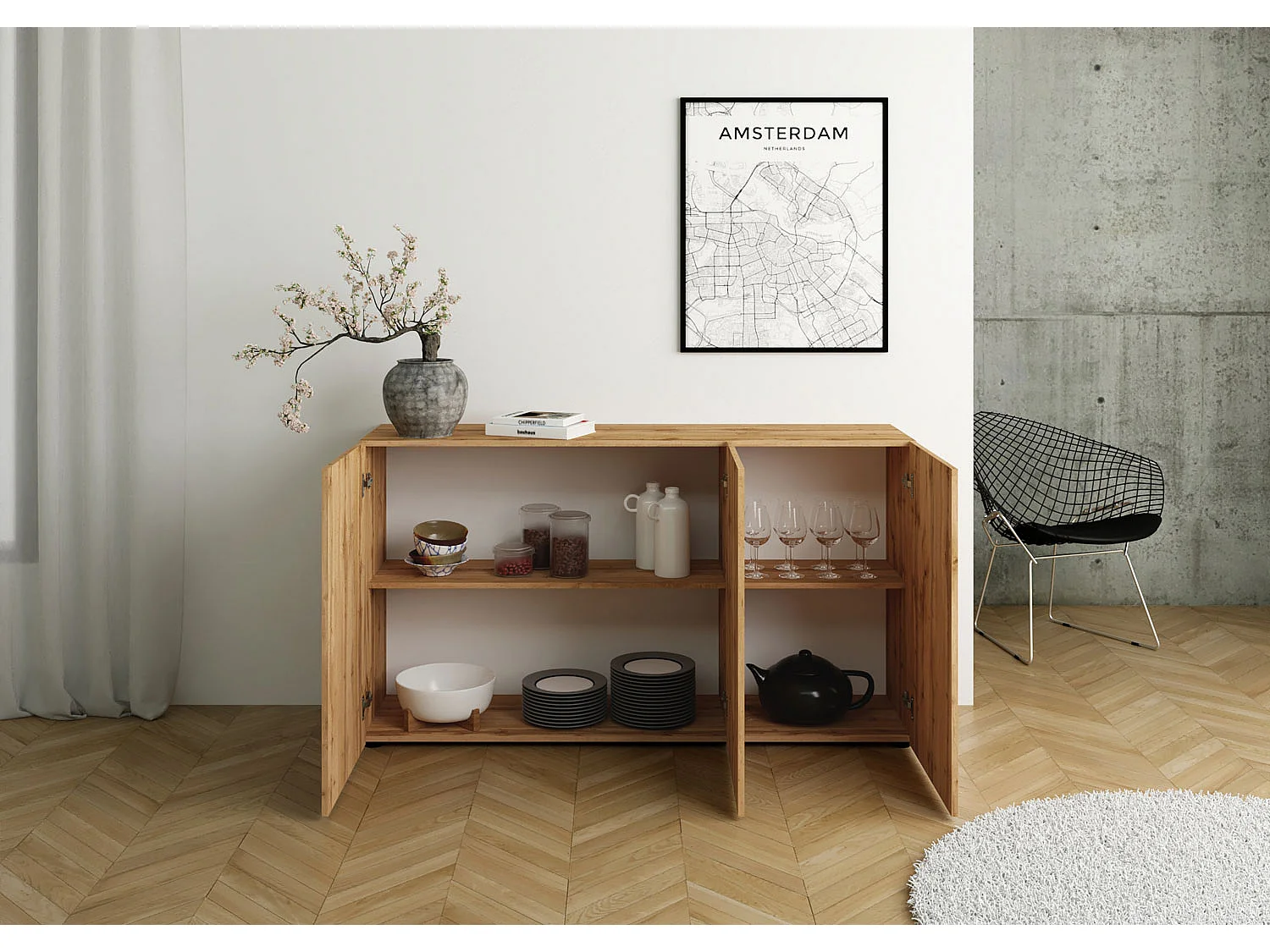 Buffet 3 portes 150x40x83,5 cm Elios chêne nature