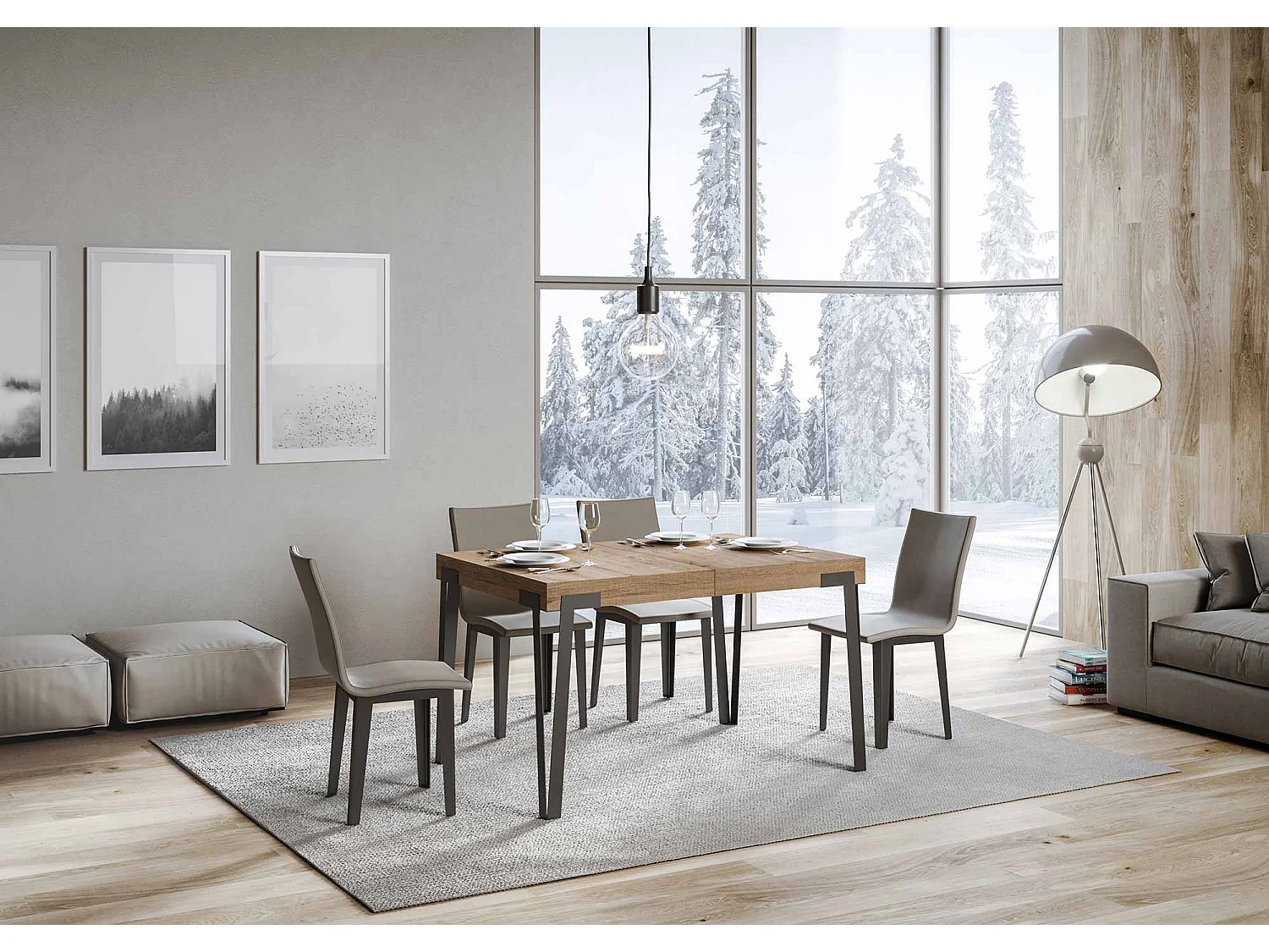 Table extensible 90x140/244 cm Rio Chêne Nature cadre Anthracite