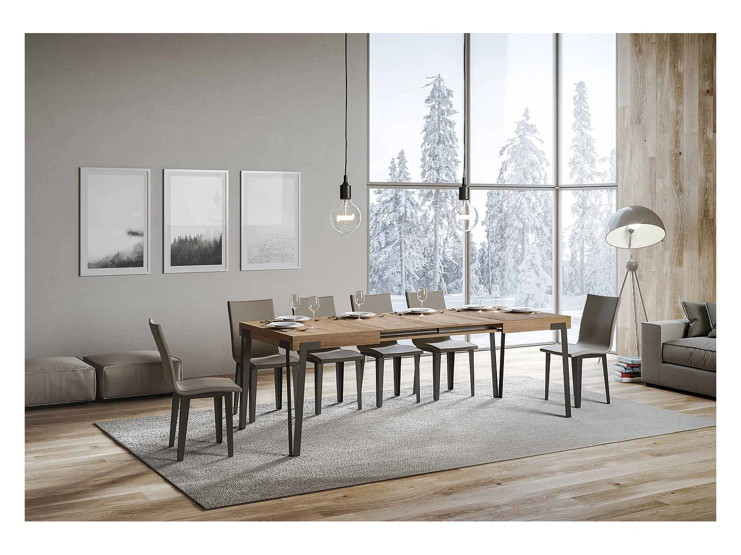 Table extensible 90x140/244 cm Rio Chêne Nature cadre Anthracite