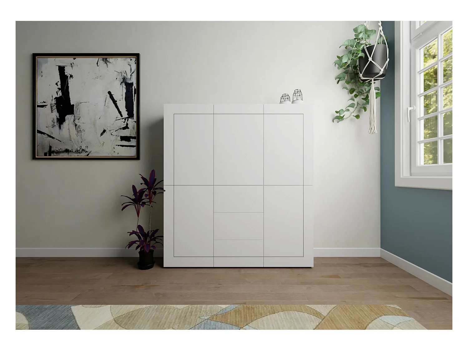 Hohe Kommode 5-türig/3-Schubladen 150x35x165 cm Elios Hochglanz Weiß